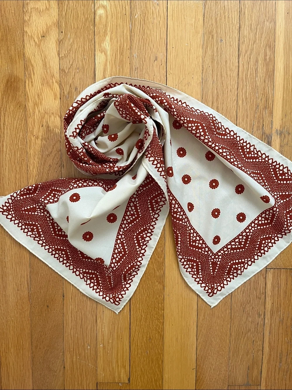 70s Vintage Vera Long Scarf Rust Red Brown & Cream Hand Rolled Headscarf